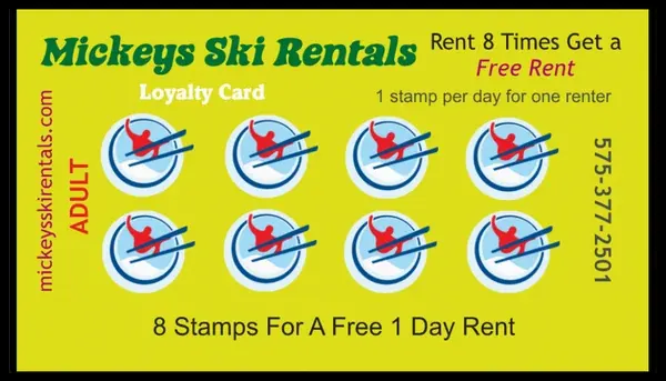 Mickey's Ski Rentals adult loyalty card: 8 stamps for a free 1-day rent, one stamp per day for one renter